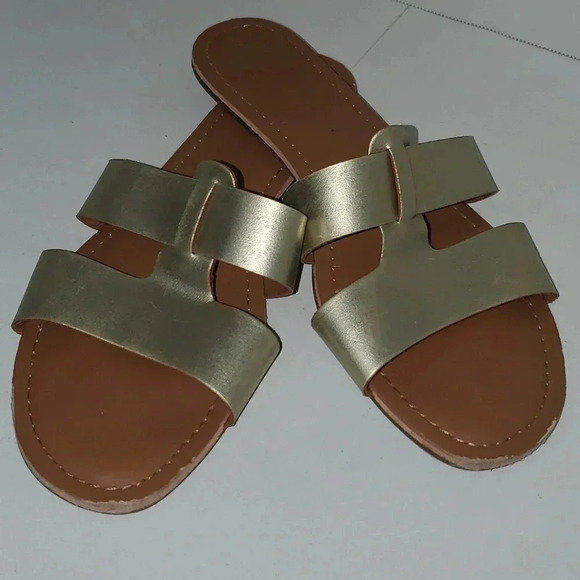 J. Crew Beachside Sandals Slides Gold Size 9 Metallic Womens Shoes Open Toe Flap - Picture 3 of 13